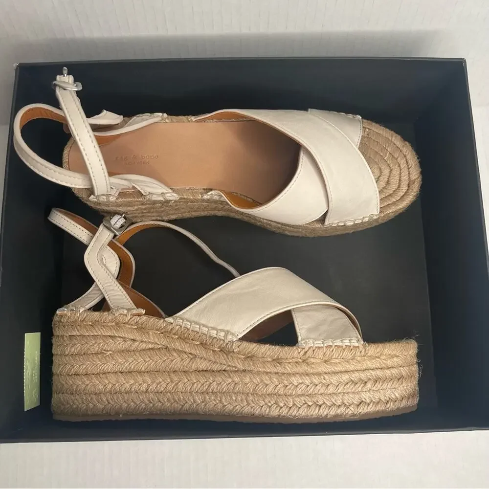 Rag & Bone Hera Espadrille Wedge Sandal in Antique White Leather EU 40